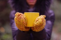 Close-up de mãos femininas usando luvas segurando xícara de chá — Fotografia de Stock