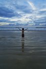 Вид сзади мальчика, стоящего с руками в воздухе на пляже — стоковое фото