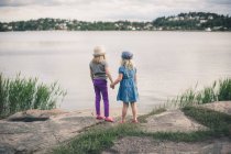 Zwei süße Schwestern halten sich an den Händen und blicken auf den See — Stockfoto