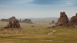 Dirt track between rock formations in field — Stock Photo