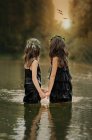 Rear view of two cute sisters with wreathes standing in lake — Stock Photo