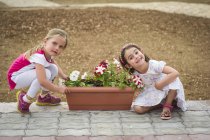 Zwei süße Schwestern sitzen neben Blumentopf und schauen in die Kamera — Stockfoto