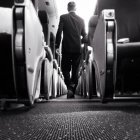 Visão traseira do empresário caminhando no avião — Fotografia de Stock