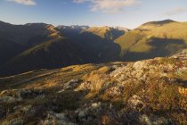 Nueva Zelanda, Costa Oeste, Lewis Pass, vista panorámica de la cordillera en luz del crepúsculo - foto de stock