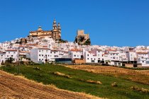 Malerischer Blick auf weiße Stadt und Felder im Vordergrund, pueblos blancos, Andalusien, Spanien — Stockfoto