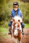 Little boy riding pony horse in park — Stock Photo