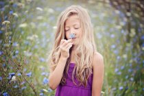 Portrait of blond girl smelling flower in chicory field — Stock Photo