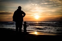 Вид ззаду батька і сина на пляжі на заході сонця — стокове фото