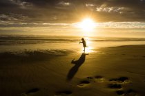 Силуэт девушки, танцующей на пляже на закате — стоковое фото