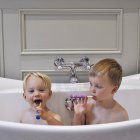 Zwei süße kleine Brüder im Badezimmer, die gemeinsam Zähne putzen — Stockfoto