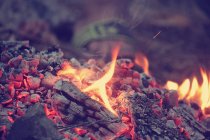 Vue rapprochée du feu de camp contre un pied humain flou — Photo de stock