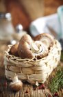Fresh champignon mushrooms in basket closeup — Stock Photo