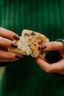 Closeup view of woman hands holding baked bread — Stock Photo