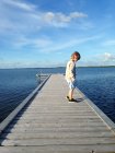 Boy standing on wooden jetty on nature — Stock Photo