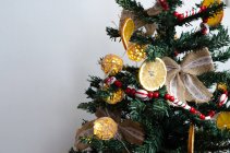 Primer plano del árbol de Navidad con rodajas de frutas y caramelos - foto de stock