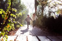 Хлопчик і дівчинка бігають парком, тримаючись за руки — стокове фото