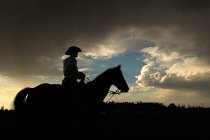 Silhueta de um cowboy em um cavalo, Wyoming, América, EUA — Fotografia de Stock