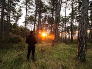 Uomo in piedi nella foresta all'alba, Navarra, Spagna — Foto stock