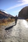 Visão traseira do homem caminhando ao longo de uma trilha de montanha, Suíça — Fotografia de Stock