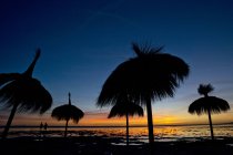 Силуэт двух человек и зонтики на пляже Лос-Лансес, Фафа, Кадис, Андаульсия, Испания — стоковое фото
