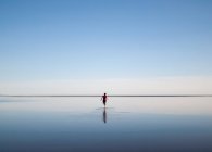 Rückansicht eines Mannes, der am Strand mit rotem Sand entlang läuft, Island — Stockfoto