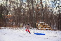 Garçon tirant son traîneau à travers la neige devant un tas de bois — Photo de stock