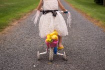 Дівчина їде на велосипеді зі стабілізаторами, обрізаний — стокове фото