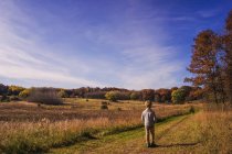 Junge wandert im Herbst auf Naturlehrpfad — Stockfoto