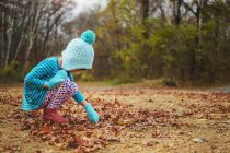 Ragazza che gioca con foglie d'autunno — Foto stock