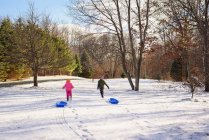 Двое детей тащат сани по снегу — стоковое фото