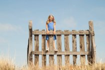 Дівчина стоїть на паркані — стокове фото
