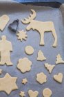 Biscuits de Noël sur une plaque à pâtisserie prête à cuire — Photo de stock