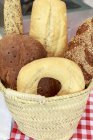 Loaves of bread in a basket closeup view — Stock Photo