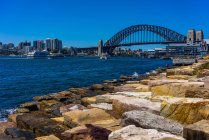 Vista panorámica del puente del puerto de Sydney vista desde Barangaroo Park, Sydney, Nueva Gales del Sur, Australia - foto de stock