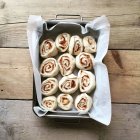 Top view of Cinnamon buns in a baking tray — Stock Photo