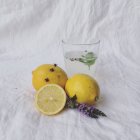 Lemon water with mint against white napkin — Stock Photo