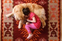Visão aérea da menina deitada no chão com um cão golden retriever — Fotografia de Stock