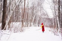 Menina brincando na floresta na neve na floresta de inverno — Fotografia de Stock