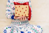 Close-up view of a girl holding a Christmas gift — Stock Photo