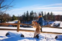 Мальчик и собака стоят на заборе — стоковое фото