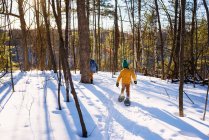 Two boys snowshoeing through birch forest — Stock Photo