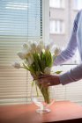 Жінка розставляє тюльпани у вазі, вид зблизька — стокове фото