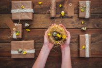 Загорнуті подарунки і дівочі руки тримають гніздо з великодніми яйцями — стокове фото