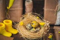 Impostazione decorazioni pasquali con stivali e uova nel nido — Foto stock