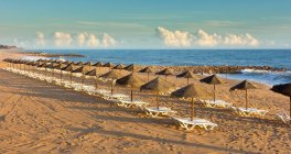 Chaises longues et parasols sur la plage, Algarve, Portugal — Photo de stock