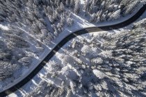 Vista aérea de uma estrada sinuosa através de uma paisagem de inverno, Salzburgo, Áustria — Fotografia de Stock