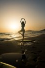 Silhouette di una donna in piedi sulla tavola da surf, spiaggia di Los Lances, Tarifa, Cadice, Spagna — Foto stock