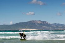 Surf kite sans bretelles homme, Los Lances Beach, Tarifa, Cadix, Andalousie, Espagne — Photo de stock