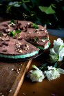 Majestuoso y sabroso pastel de queso de menta de chocolate decorado con flores - foto de stock