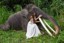 Mulher acariciando elefante, Tegallalang, Bali, Indonésia — Fotografia de Stock